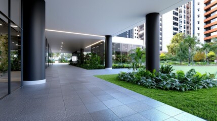 Modern Building Entrance, Green Landscaping