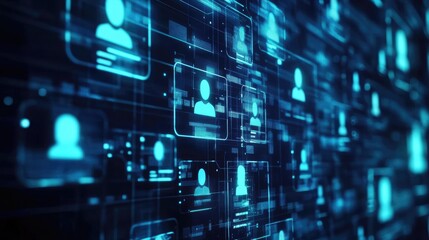 Fototapeta premium Digital hiring process with floating resumes, user icons, and checkmarks highlighting selected candidates, futuristic recruitment theme, no people