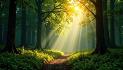 Obraz premium Forest Landscape with Sunlight Filtering Through Trees, filter, forest, trees