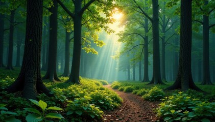 Naklejka premium Forest landscape with tall trees and a winding path, landscape, blue, winding