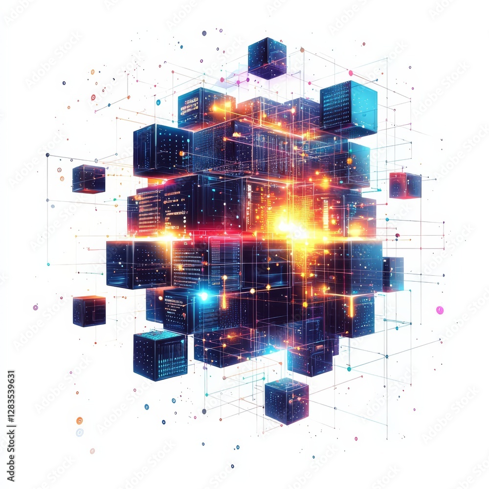 Poster interconnected data: a vibrant network of digital cubes and connected lines against a bright backgro
