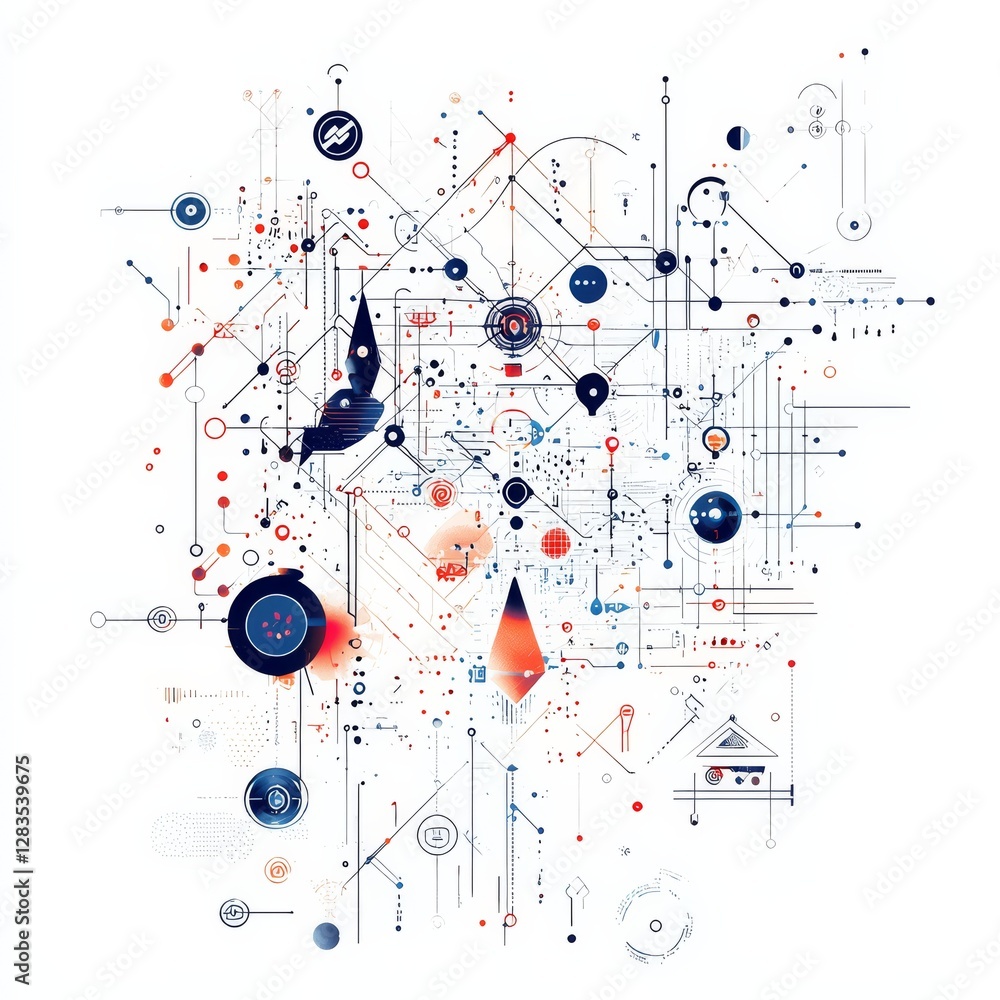 Poster digital network abstraction: a complex and vibrant illustration showcasing interconnected nodes, lin