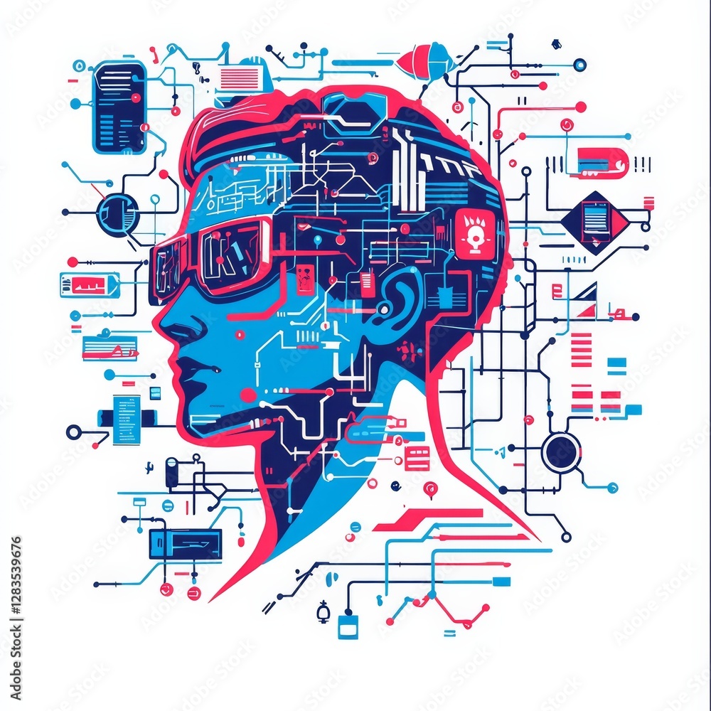 Poster digital mindscape: futuristic portrait of a person with circuit board pattern integrated into his he
