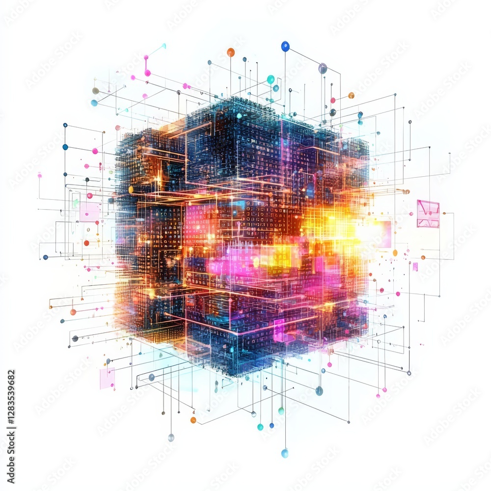 Poster digital cube: a luminous 3d cube with intricate circuitry, networks and connections symbolizing data