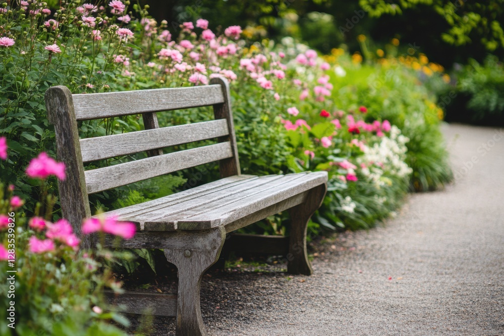 Aufkleber Wooden bench surrounded by colorful flowers in a serene garden setting during the day. Generative AI