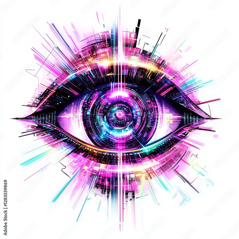 Poster digital eye: abstract depiction of an eye, infused with digital elements and a vibrant array of colo