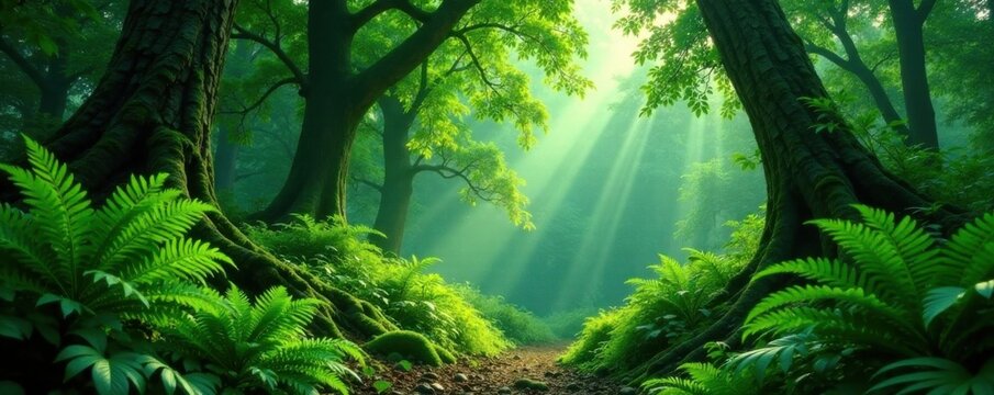 Forest of greenery with ferns, peace trees and tropical leaves, tropical leaf, foliage, forest