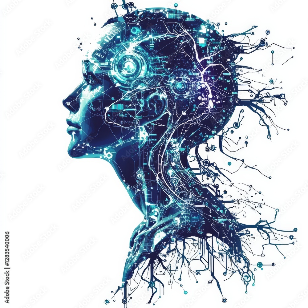 Aufkleber digital mindscape: a visionary digital artwork depicting a human head composed of interconnected cir