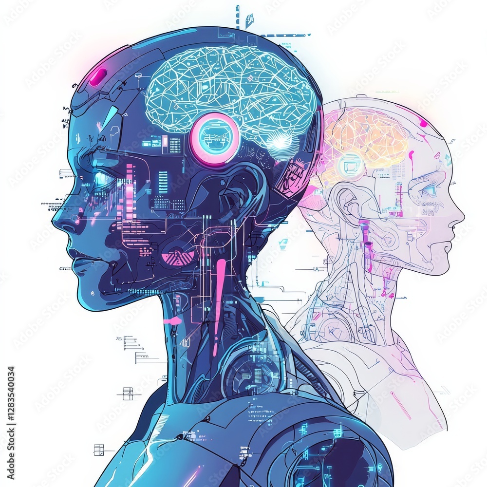 Poster future humanoid with brain visualization: a futuristic humanoid with glowing circuits, a transparent