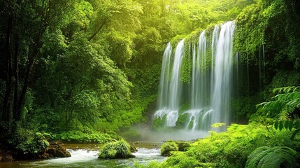 Lush green forest waterfall cascading into a tranquil stream.