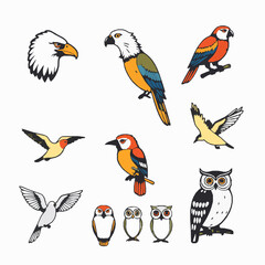 Obraz premium Bird Icon Pack, Eagle, Parrot, Hummingbird, Owl, Wildlife Avian High Quality Vector Illustration