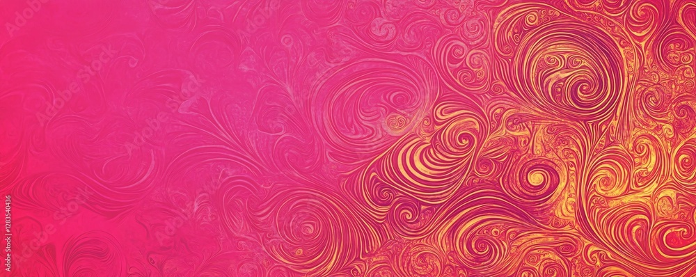 Poster a bright pink background with abstract swirling patterns in darker tones