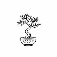 Bonsai Tree Outline Icon, Zen Nature Vector, Editable Stroke, Minimalist Black Illustrations,