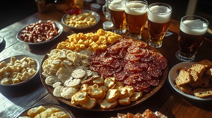 Obraz premium A vibrant spread of assorted meats, cheeses, and snacks, complemented by foamy beers, perfect for sharing and socializing.