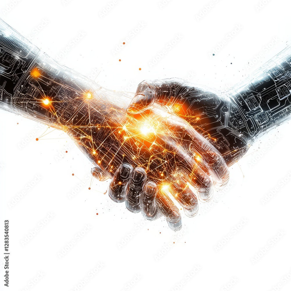 Poster digital harmony: futuristic image of a human hand shaking hands with a robotic hand, symbolizing tec
