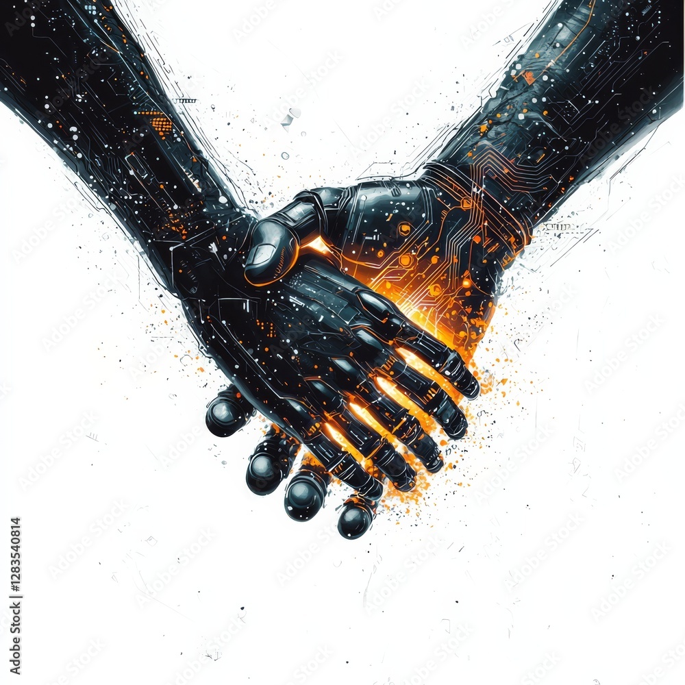 Poster futuristic unity: a captivating image showcases the meeting of robotic and human hands, symbolizing 