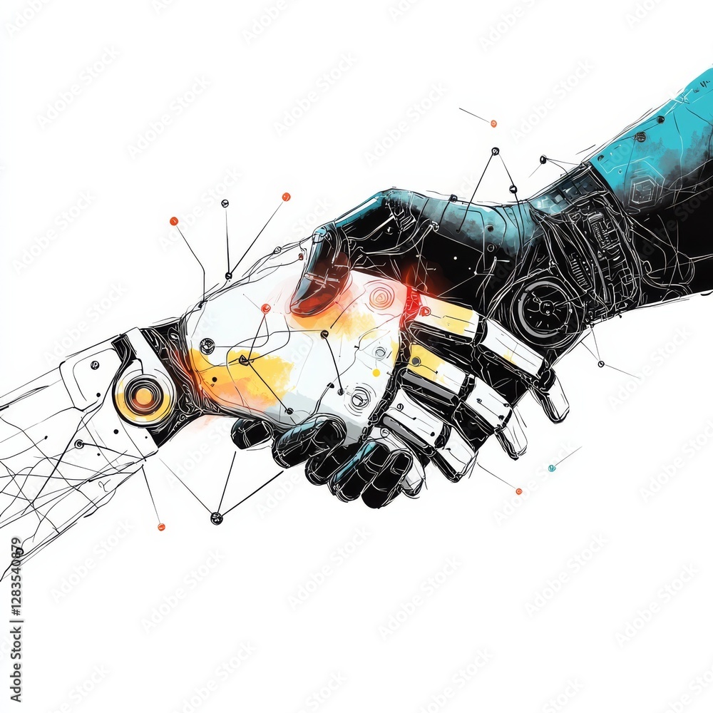 Poster digital handshake: two futuristic robot hands clasp in a digital handshake, a visual representation 