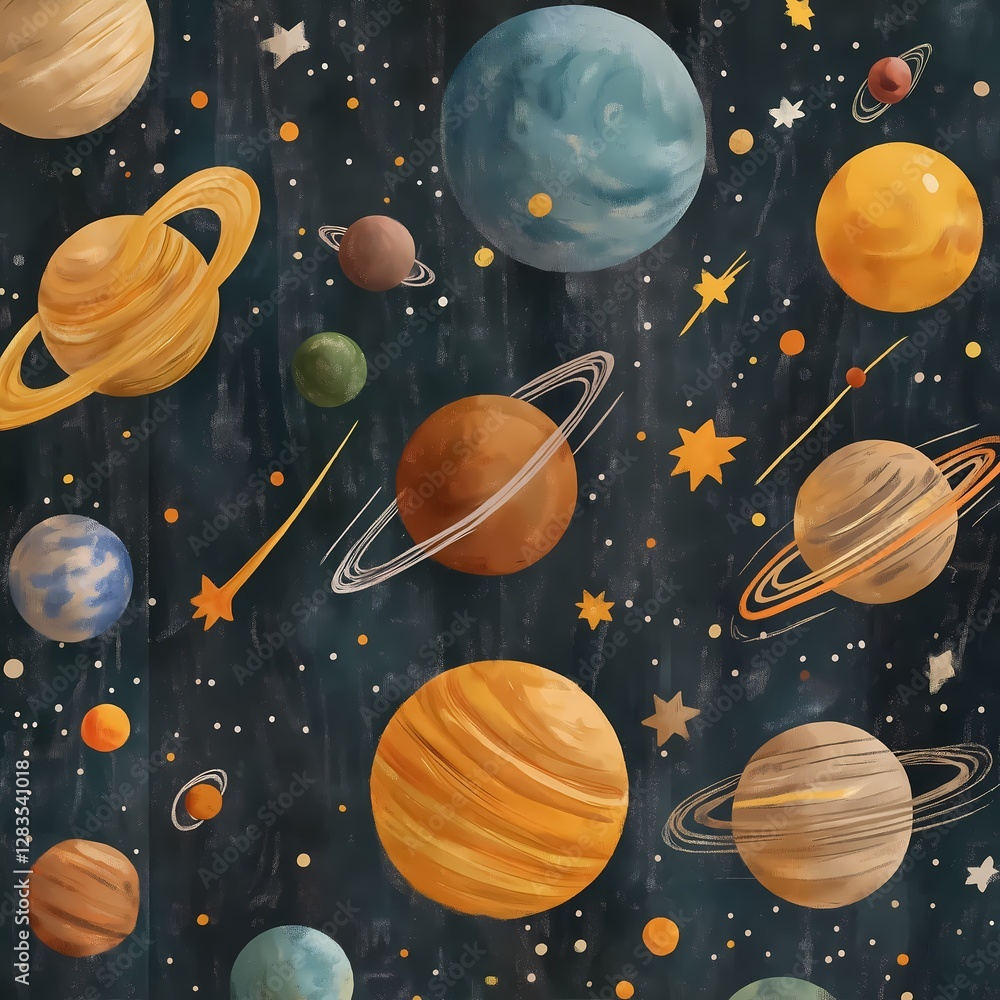 Poster colorful depiction of planets and stars in a whimsical space background creating a cosmic atmosphere