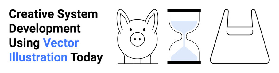 Piggy bank, hourglass, and eco-friendly reusable bag communicating savings, time management, and environmental sustainability. Ideal for finance, environment, time concepts, eco-awareness