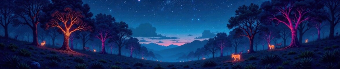 Forest under starry night sky with glowing trees and nocturnal creatures, night, dreamy, silhouette