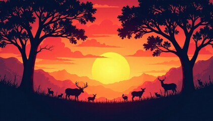 Forest with Silhouetted Trees and Animals at Sunset, silhouette, sunset, forest