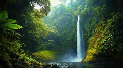 Lush rainforest waterfall cascading down mossy cliffs.