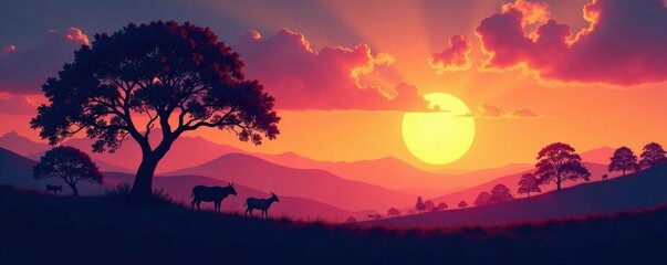 Fosforlu bir evening landscape with silhouetted trees and animals , forest landscape, sunset, nature