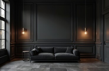 Dark living room interior with black walls, comfortable sofa. Elegant stylish modern design elements. Bright light from window. Minimal home decor. Comfortable sofa for relaxation. Beautiful