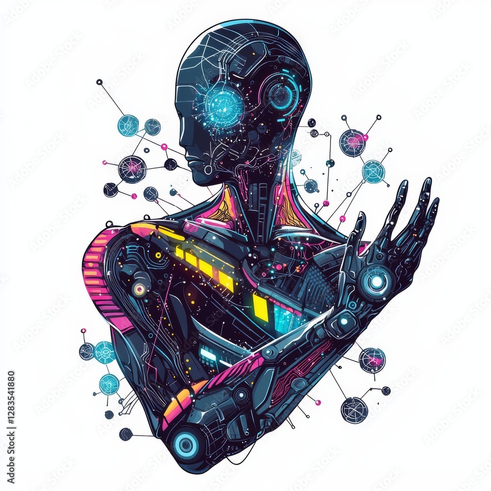 Poster cybernetic being: a futuristic artistic depiction of a cybernetic being with intricate circuitry and