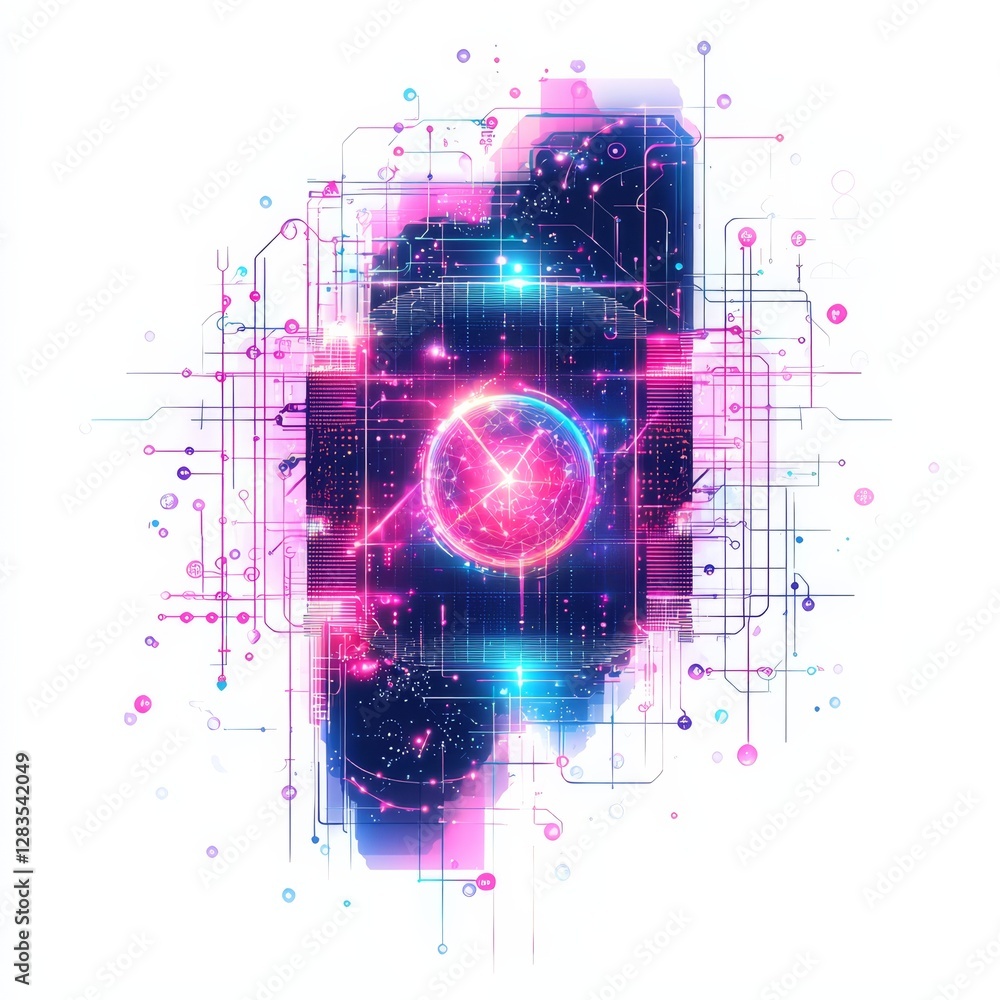 Poster digital galaxy: a vibrant, futuristic representation of a smartphone, awash in neon lights and intri