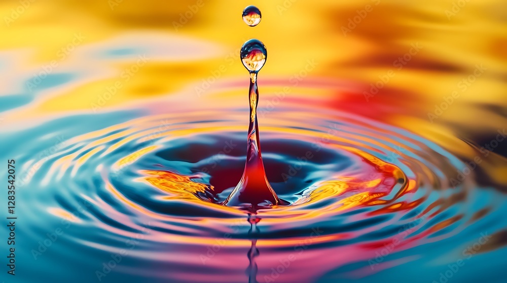 Poster water drop impact creating ripples with a colorful abstract background