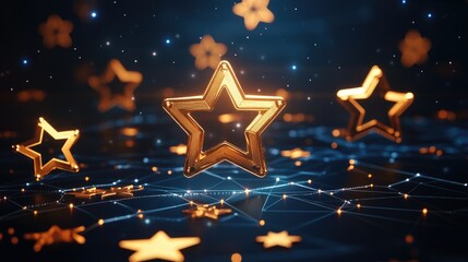 Floating customer loyalty icons including stars, medals, and reward cards on a digital background, no people