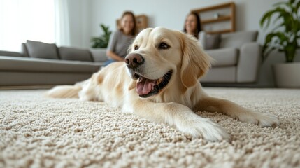 Fototapeta na wymiar A cheerful golden retriever relaxes on a fluffy rug as a loving family shares laughter and warmth in their bright living room. The atmosphere is filled with joy and comfort