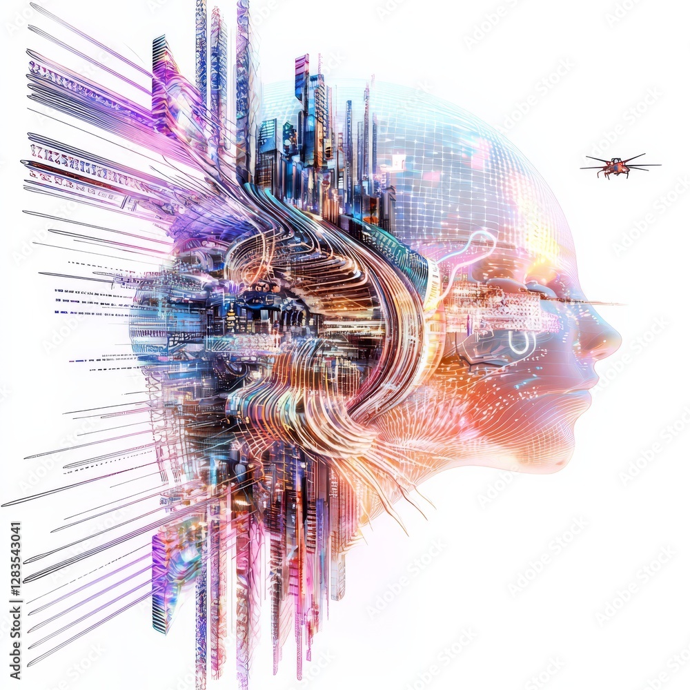 Poster humanity and technology: a surreal abstract portrait of a human face composed of overlapping citysca