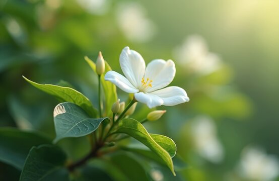 Close-up shot of jasmine white flower with green leaves. Jasmine known as mogra jui chameli mallika jai in India, sampaguita in Philippines. Symbol of beauty, love and freshness.
