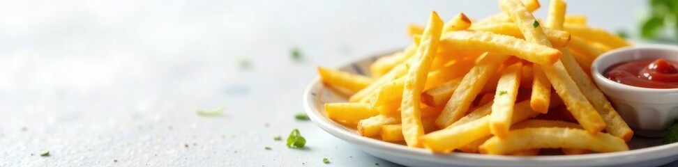 French fries with dipping sauce on white surface, , fried potatoes, snack