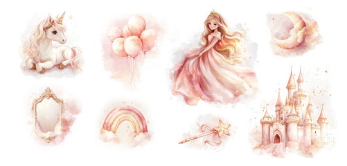 pink clipart princess watercolor pony castle