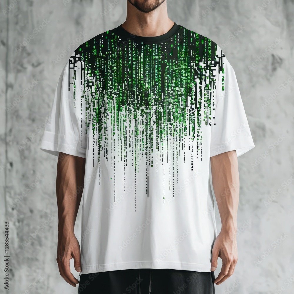 Poster tech tee: a person wearing a unique t-shirt that features matrix-style green code design in pixel ef