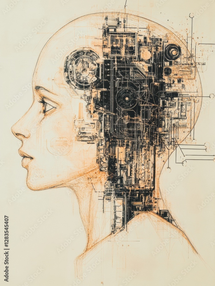 Poster Outline of a human head showcasing complex AI mechanisms, emphasizing tech innovation and integration in society. Generative AI