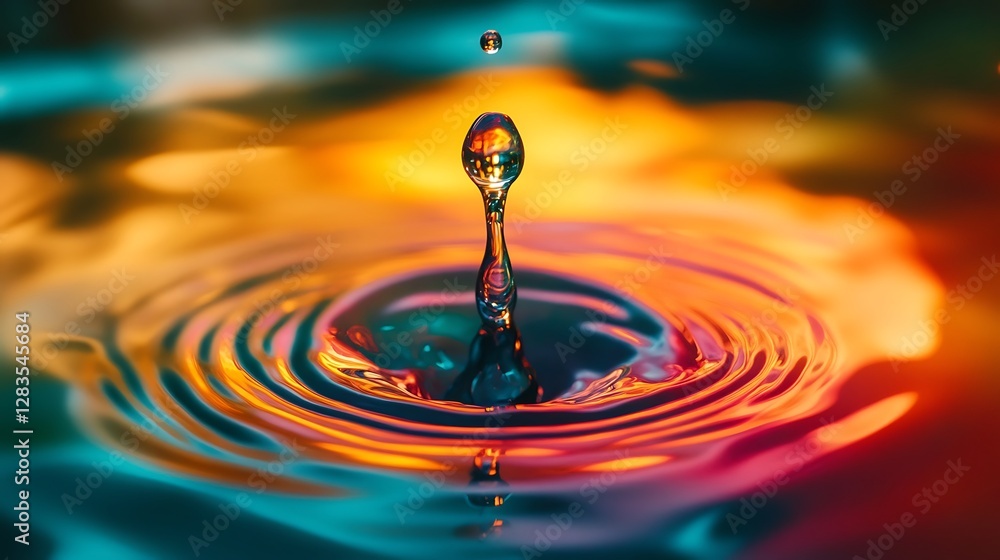 Poster water drop impact creating ripples with colorful reflection backdrop