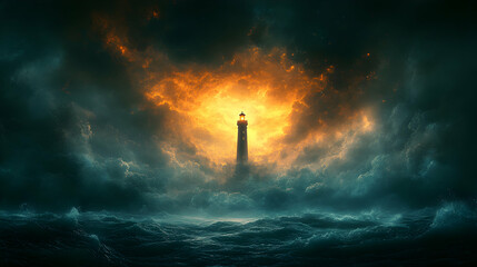 Obraz premium Fiery Lighthouse Inferno Stormy Night, Burning Beacon, Rain, Embers