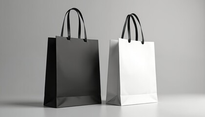 Elegant black and white shopping bags stand side by side, handles up. Clean design shows retail theme, empty bags ready for merchandise. Promote business, sales, commerce in minimalist style.