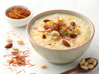 A creamy kheer rice pudding bowl, garnished with saffron and nuts, isolated on a white background in top view.