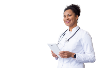 Skilled African American doctor scrolling through medical information on a tablet