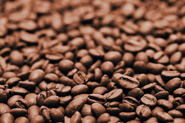 Close-up view of roasted coffee beans resting on a surface with rich brown hues, showcasing their texture and shine.