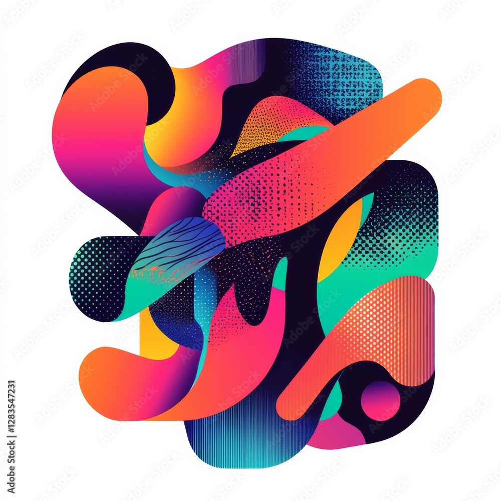 Poster abstract artistic composition: an explosion of vibrant colors and fluid shapes merges, forming an ab