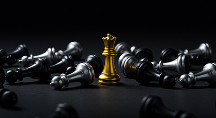 black and silver chess pawns lying on their sides, with one golden pawn in between them all standing upright among fallen pieces.