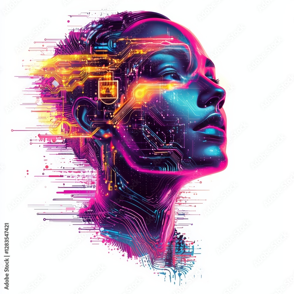 Poster digital mindscape: an artistic representation of a human face morphing into a complex network of cir