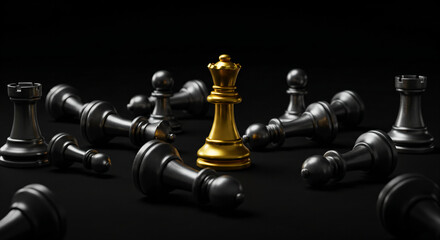 black and silver chess pawns lying on their sides, with one golden pawn in between them all standing upright among fallen pieces.