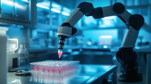 A robotic arm is precisely dispensing liquid into test tubes in a high-tech laboratory filled with scientific equipment.